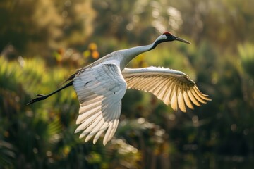 Fototapeta premium A large white crane gracefully soaring through the sky above a vibrant green field