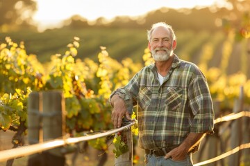 A man stands amidst rows of grapevines in a vineyard during late afternoon