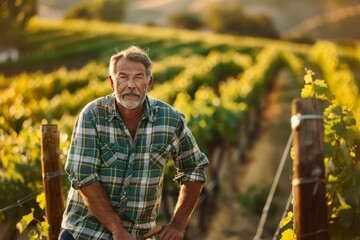 A man wearing a plaid shirt standing in the midst of grapevines in a vineyard