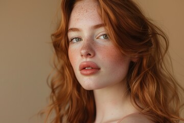 A close-up view of a woman with light skin and freckled auburn hair, styled with soft blush and highlighter