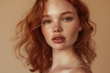 A woman with freckled skin and freckled hair, featuring auburn wavy hair and soft blush and highlighter makeup