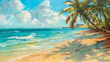 A tranquil beach scene with golden sand, turquoise waters, and palm trees swaying in the breeze.