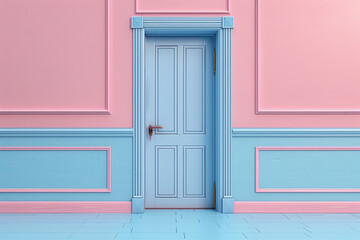 Creative pastel door on blue and pink wall. 3d render.
