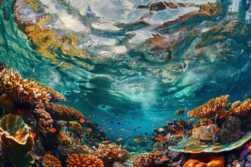 An underwater scene showcasing a vibrant coral reef with an abundance of fish swimming through the clear water