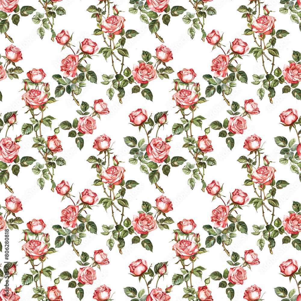 Poster a design featuring a repetitive pattern of roses set against a white background.