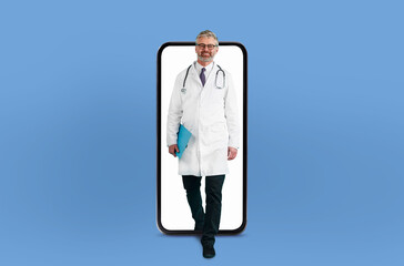 Mature man doctor within a smartphone frame enhances the focus on telemedicine and digital healthcare solutions, collage