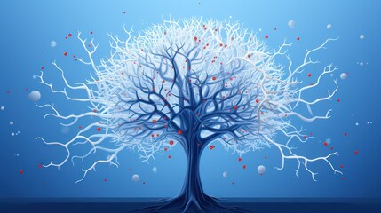 White tree with red heart on blue background.