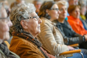 Diverse group of elderly women seated closely in a row at a daytime event