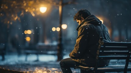 Young man sitting on a bench in the city at night under the snowfall.