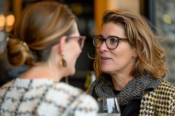 Two women wearing glasses are engaged in a conversation at a busy networking event. They appear focused and attentive