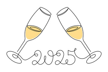 Champagne glasses, celebrating 2025 new year,one line art,continuous drawing contour.Cheers toast,festive hand drawn holiday decoration,simple minimalist design.Editable stroke.Isolated.