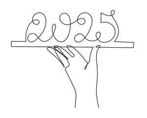 Hand holds 2025 one line art, hand drawn continuous contour. Holiday concept, festive New year handwriting text, minimalist design. Editable stroke. Isolated. Vector illustration