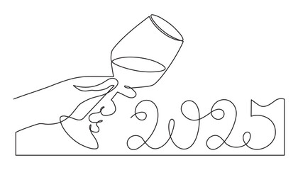 Hand holds wine clinking glass celebrating 2025 new year,one line art,continuous drawing contour.Cheers toast,festive hand drawn holiday decoration,simple minimalist design.Editable stroke.Isolated.