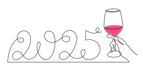Hand holds wine clinking glass celebrating 2025 new year,one line art,continuous drawing contour.Cheers toast,festive hand drawn holiday decoration,simple minimalist design.Editable stroke.Isolated.