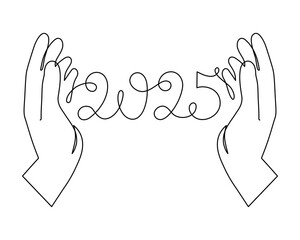 Hand holds 2025 one line art, hand drawn continuous contour. Holiday concept, festive New year handwriting text, minimalist design. Editable stroke. Isolated. Vector illustration