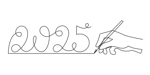 Hand writes 2025 one line art, hand drawn continuous contour. Holiday concept, festive New year handwriting text, minimalist design. Editable stroke. Isolated. Vector illustration