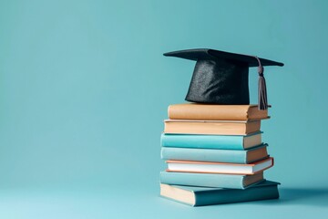 Stack of books with a graduation hat on top