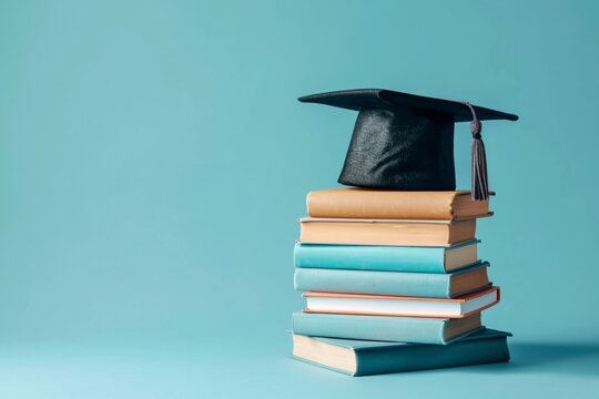 Stack of books with a graduation hat on top