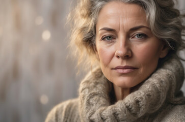 Close-Up Portrait of a Graceful Mature Woman with Silver Hair and Serene Expression Wearing a Cozy Knit Sweater