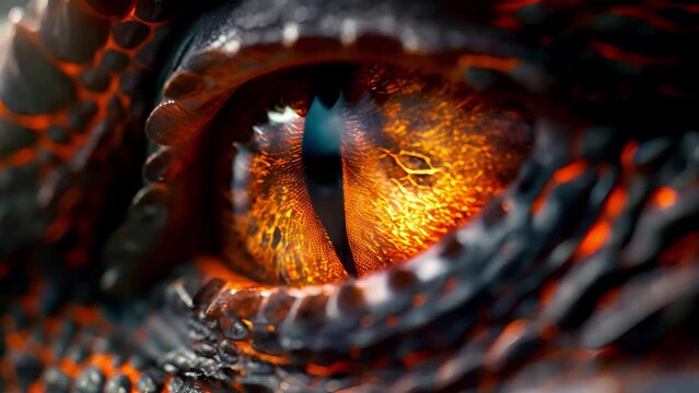 Dragon eye close-up. Fantastic animal with dark scales. Intricate details of reptilian eye
