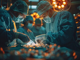 The photo shows a team of surgeons in an operating room
