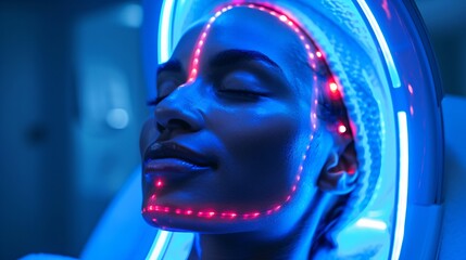 Skin therapy session in a futuristic clinic, glowing skin under soft blue lights, the ambiance of tranquility and innovation
