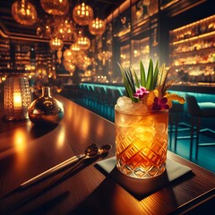 Long Island Iced Tea Cocktail in a luxury night bar. Drink, beverage and mixology concept