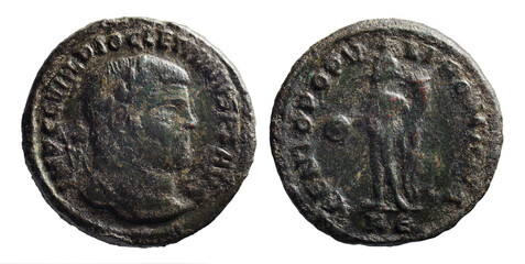 Ancient Roman bronze coin of Emperor Diocletian, 295-305 AD. Follis. Rome, Empire, antique and...