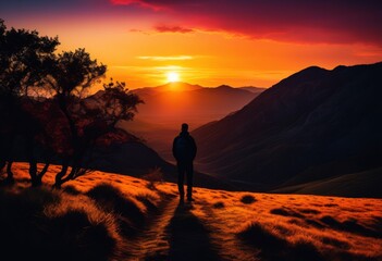 illustration, vibrant sunset silhouette person profiled outdoors nature landscape, dusk, figure, individual, scenery, bright, outlined, evening, shadow