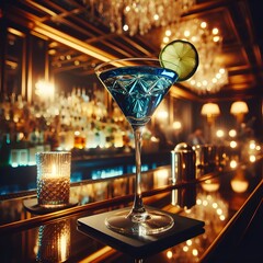 Sapphire Martini Cocktail in a luxury night bar. Drink, beverage and mixology concept