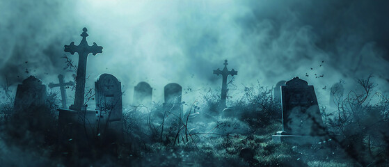 Obraz premium Eerie mist surrounds ancient tombstones in a haunted graveyard at night, creating a chilling atmosphere.