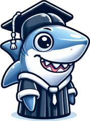 Cartoon shark decked up in a cap and gown for graduation, isolated on white background