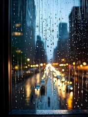 raindrops tracing paths down a large window with illuminated cityscape in background out of focus
