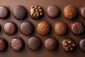 A group of chocolate eggs on a brown background.