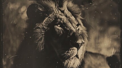 A lion's deeply expressive eyes are captured in sepia tones, emphasizing the timeless nobility of the beast