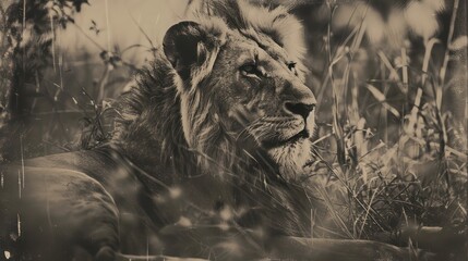 A serene yet powerful male lion lies amidst tall grass, captured in a stunning sepia tone that evokes a vintage, timeless feel