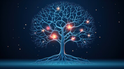 Neon tree with glowing lights in dark blue background.