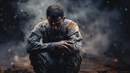 Portrait of a soldier sitting on the ground in the smoke.