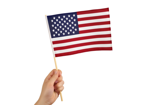 man hand waving american flag isolated on transparent background