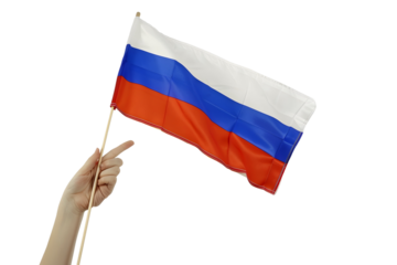 man hand hold national flag of Russia isolated on transparent background