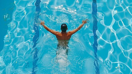 Professional male swimmer training butterfly technique in pool   aerial top view shot