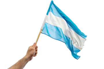 man hand hold national flag of Argentina isolated on transparent background