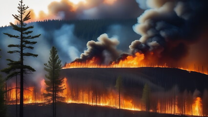 Fire in a forest with partially destroyed trees