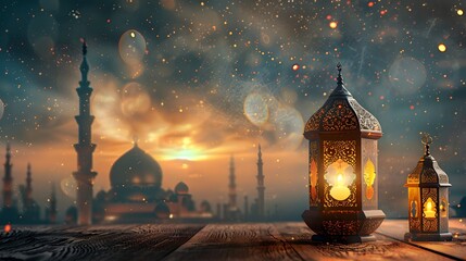 Enchanting evening with illuminated lanterns and majestic mosque backdrop. Picture perfect for Ramadan. Elegant and serene setting. Decorative lights in a festive scene. AI