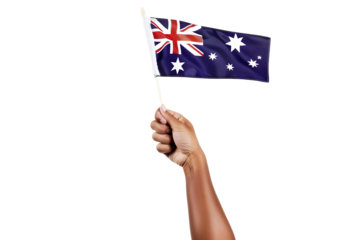 man hand hold national flag of Australia isolated on transparent background