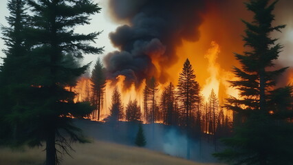 Trees are burning in the forest and smoke from the fire