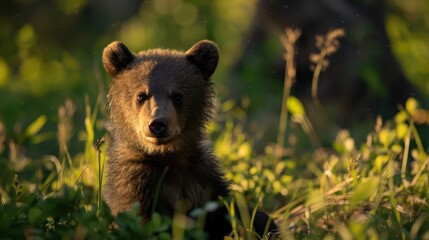 Obraz premium Dreamy image of a bear cub surrounded by lush greenery, portraying a sense of wonder and innocence
