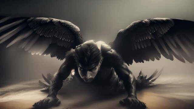 Portrait of a black fallen angel on a dark background, a suffering demon