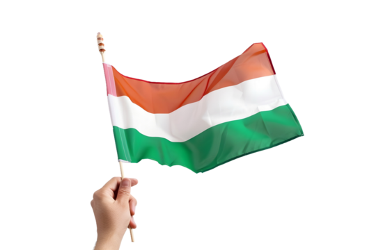 man hand hold national flag of Hungary isolated on transparent background