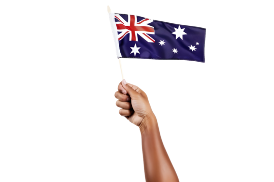 man hand hold national flag of Australia isolated on transparent background